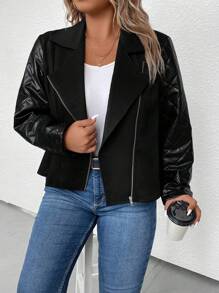 SHEIN LUNE 休閒拉鍊純色大碼夾克 - 黑色 - 查看 4