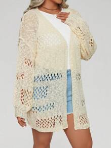 SHEIN LUNE Plus Size Pointelle Knit Drop Shoulder Cardigan Fall Cloth For Women - White - View 4