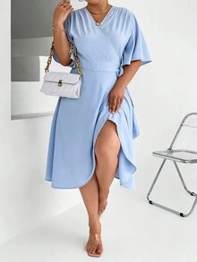 Calvaya Hơn áo tay bướm Nút ven Váy quấn - Màu xanh lam - Xem 6