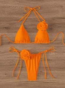 Swim Chiccia Summer Beach Floral Appliques Triangle Halter Tie Side Bikini Set Bathing Suit - Orange - View 4