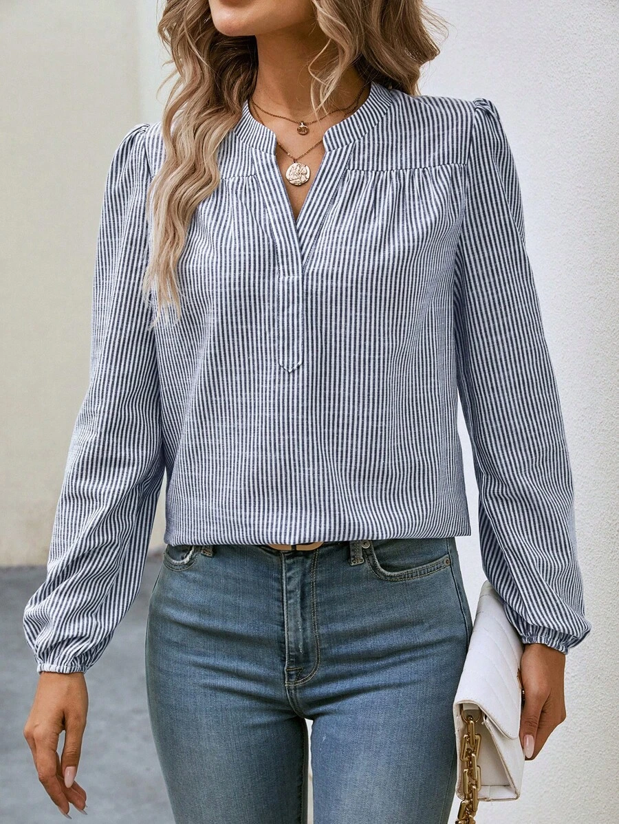 SHEIN LUNE Striped Print Notched Neckline Puff Sleeve Blouse - Navy Blue - View 1