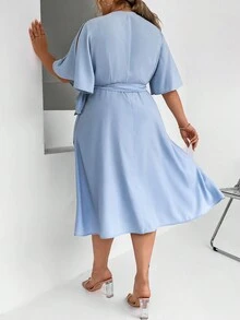 Calvaya Hơn áo tay bướm Nút ven Váy quấn - Màu xanh lam - Xem 2