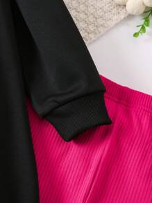 SHEIN 2pcs/Set Young Girl Everyday Casual Colorful English Letter, Cartoon Flower & Smiling Printed Black Round Neck Long Sleeve Long Sweatshirt Bottoming Pants, Spring & Autumn