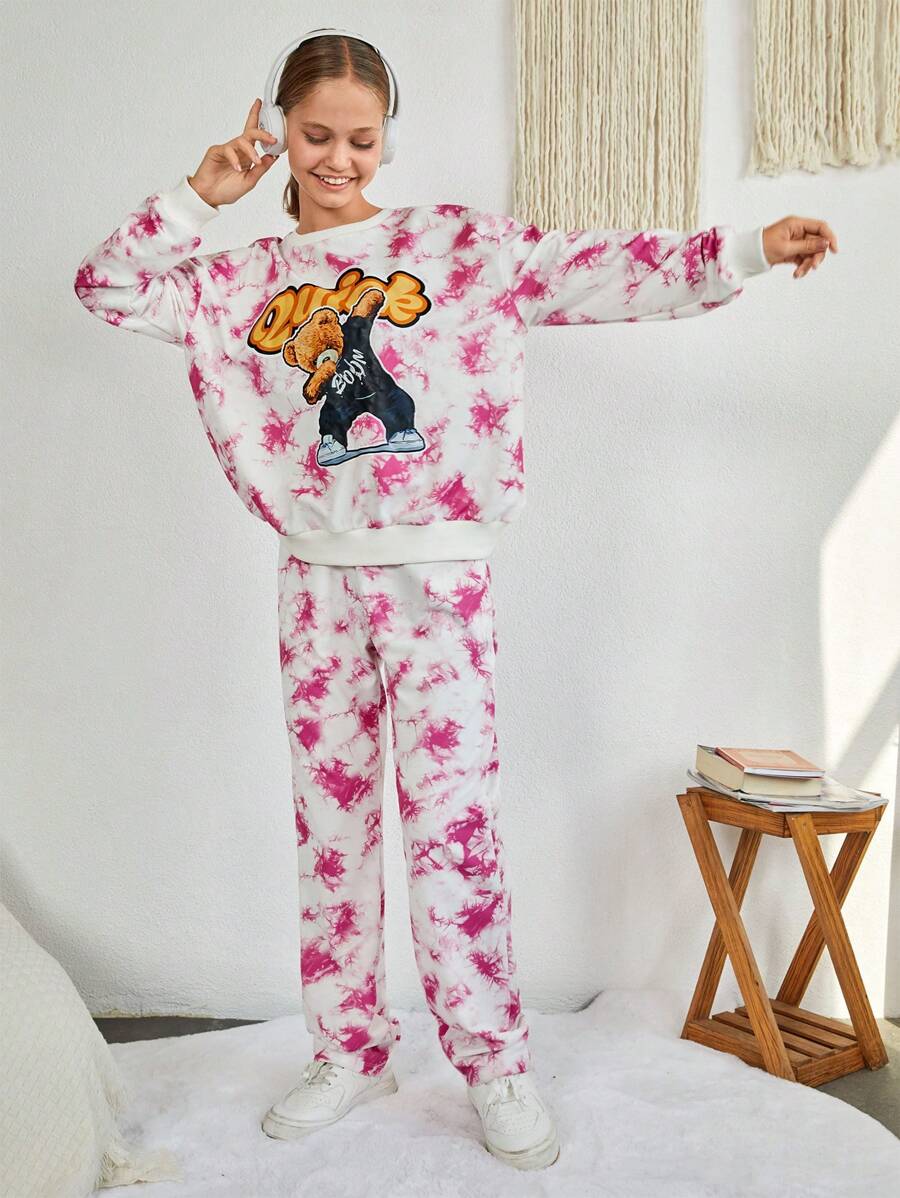 RueChic Tween Girl Tie Dye Cartoon Graphic Drop Shoulder Pullover & Sweatpants - Multicolor - View 1