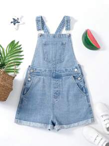 SHEIN Teen Girls 1pc Roll Up Hem Denim Dungaree - Light Wash - View 3