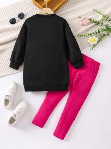 SHEIN 2pcs/Set Young Girl Everyday Casual Colorful English Letter, Cartoon Flower & Smiling Printed Black Round Neck Long Sleeve Long Sweatshirt Bottoming Pants, Spring & Autumn