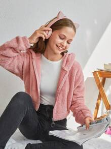 RueChic Tween Girl Zip Up Hooded Teddy Jacket - Pink - View 4