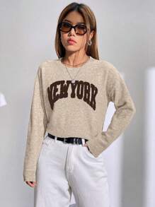 SHEIN Unity 字母图案落肩毛衣，长袖针织套头衫，秋冬毛衣 - 卡其色 - 查看 4