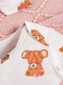SHEIN 女嬰小熊印花連身背心和褲子＆ 頭巾 - 粉色 - 查看 4