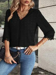 EMERY ROSE Swiss Dot Guipure Lace Trim Trumpet Sleeve Blouse - Black - View 4