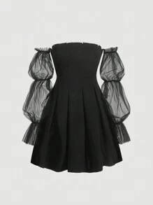 SHEIN MOD Off Shoulder Contrast Mesh Dress - Black - View 1