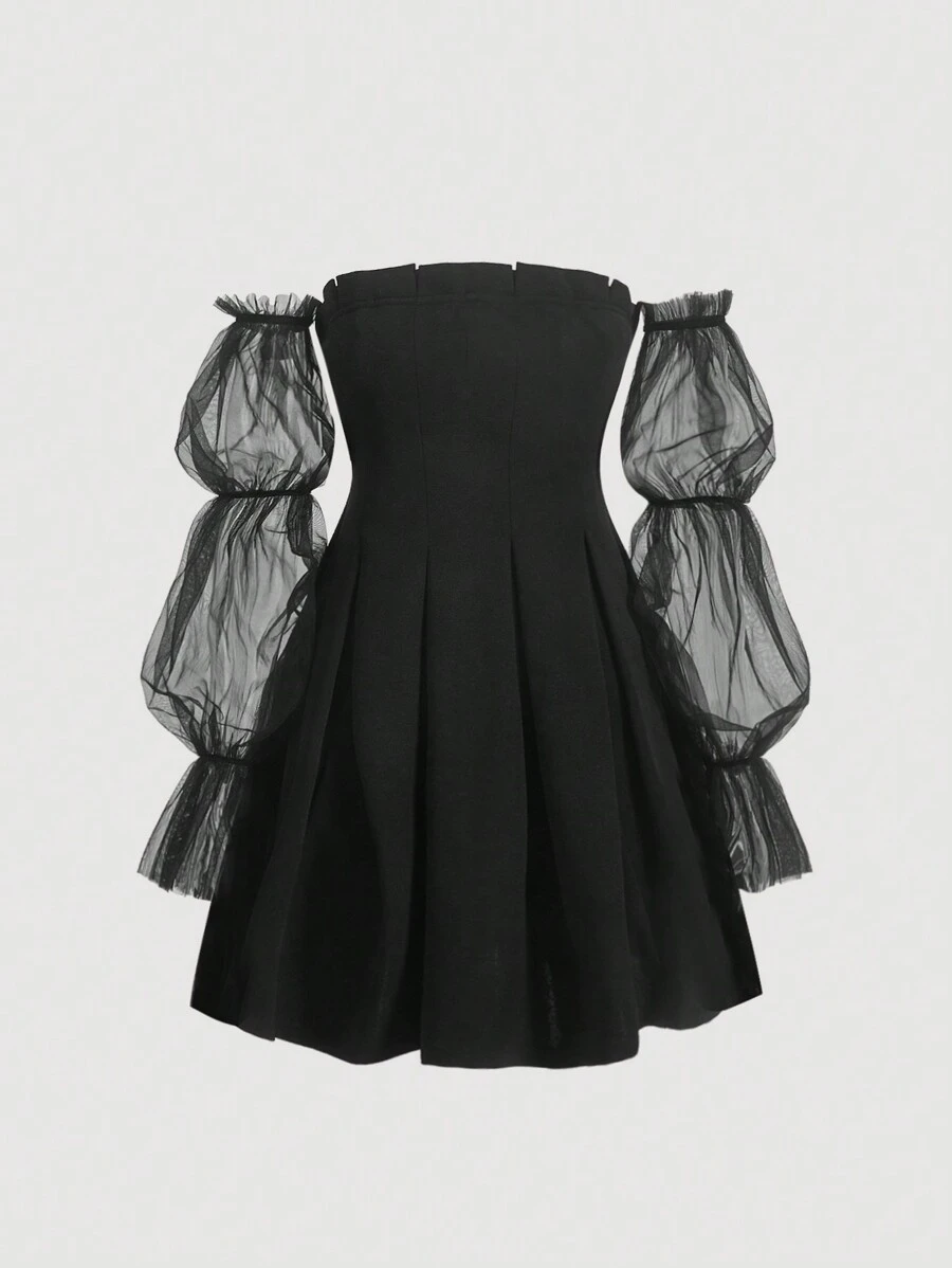 SHEIN MOD Off Shoulder Contrast Mesh Dress - Black - View 1