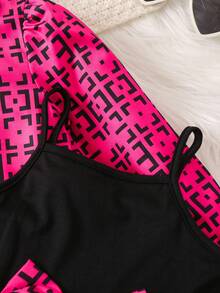 SHEIN 女小童時尚兩件套套裝帶數碼印花粉色上衣和背帶網紗半身裙適合春天,夏天,秋天和冬天 - 彩色 - 查看 5