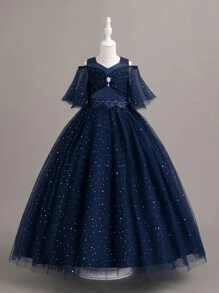 Tween Girl Rhinestone Detail Mesh Overlay Cold Shoulder Party Dress - Navy Blue - View 1