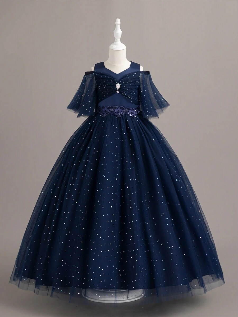 Tween Girl Rhinestone Detail Mesh Overlay Cold Shoulder Party Dress - Navy Blue - View 1