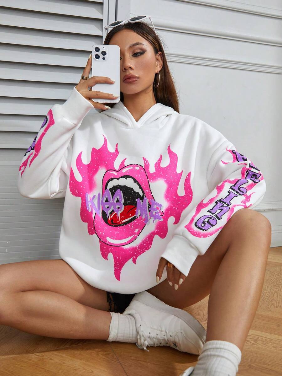 SHEIN Unity Áo hoodie rộng rãi in chữ môi lớn họa tiết ngọn lửa đường phố cá tính dành cho nữ - trắng - Xem 1