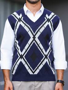 Manfinity Homme 男士1入組菱形印花毛衣背心 - 彩色 - 查看 7