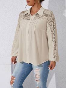 SHEIN Franclia Áo ren tương phản gấp nếp chi tiết xếp li - Màu Khaki - Xem 5