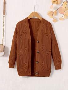 SHEIN 年輕女孩寬鬆V領開襟衫,休閒針織上衣帶長袖 - 棕色 - 查看 3