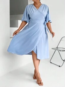 Calvaya Hơn áo tay bướm Nút ven Váy quấn - Màu xanh lam - Xem 1