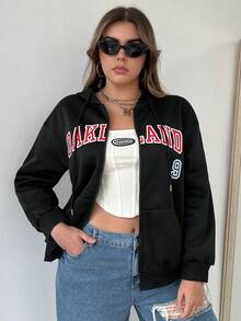 Flirla Áo nỉ cỡ lớn in chữ, vai rớt, dây rút, khóa kéo. - màu đen - Xem 3