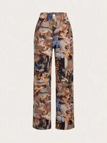 SHEIN Teen Girls Figure Graphic Straight Leg Jeans - Light Grey - View 1