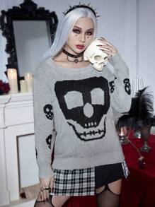 PUNK Jersey Halloween con patrón de cráneo de hombros caídos