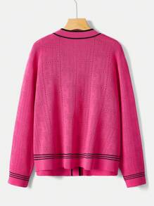 Celure Talla grande Cárdigan ribete de rayas con bolsillo con solapa - Rosa Fucsia - Ver 2