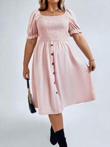 SHEIN LUNE Hơn Cổ vuông Ống tay áo Nút giả Đầm - Hồng - Xem 4