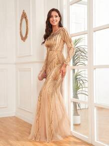 XUIBOL Váy dạ hội đính sequin lưới tương phản thanh lịch dài tay cho tiệc cưới, dự tiệc tốt nghiệp, tiệc tối - Vàng - Xem 4