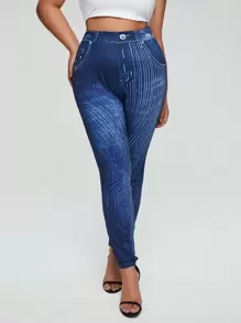 Calvaya Plus Denim-Effect Print Jeggings - Blue - View 3