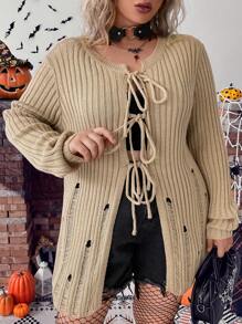 Calvaya Halloween Plus Tie Front Ribbed Knit Cardigan - Khaki - View 7
