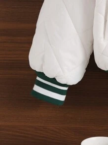 SHEIN Tween Girl 1pc Letter Embroidery Striped Trim Quilted Varsity Jacket - White - View 3