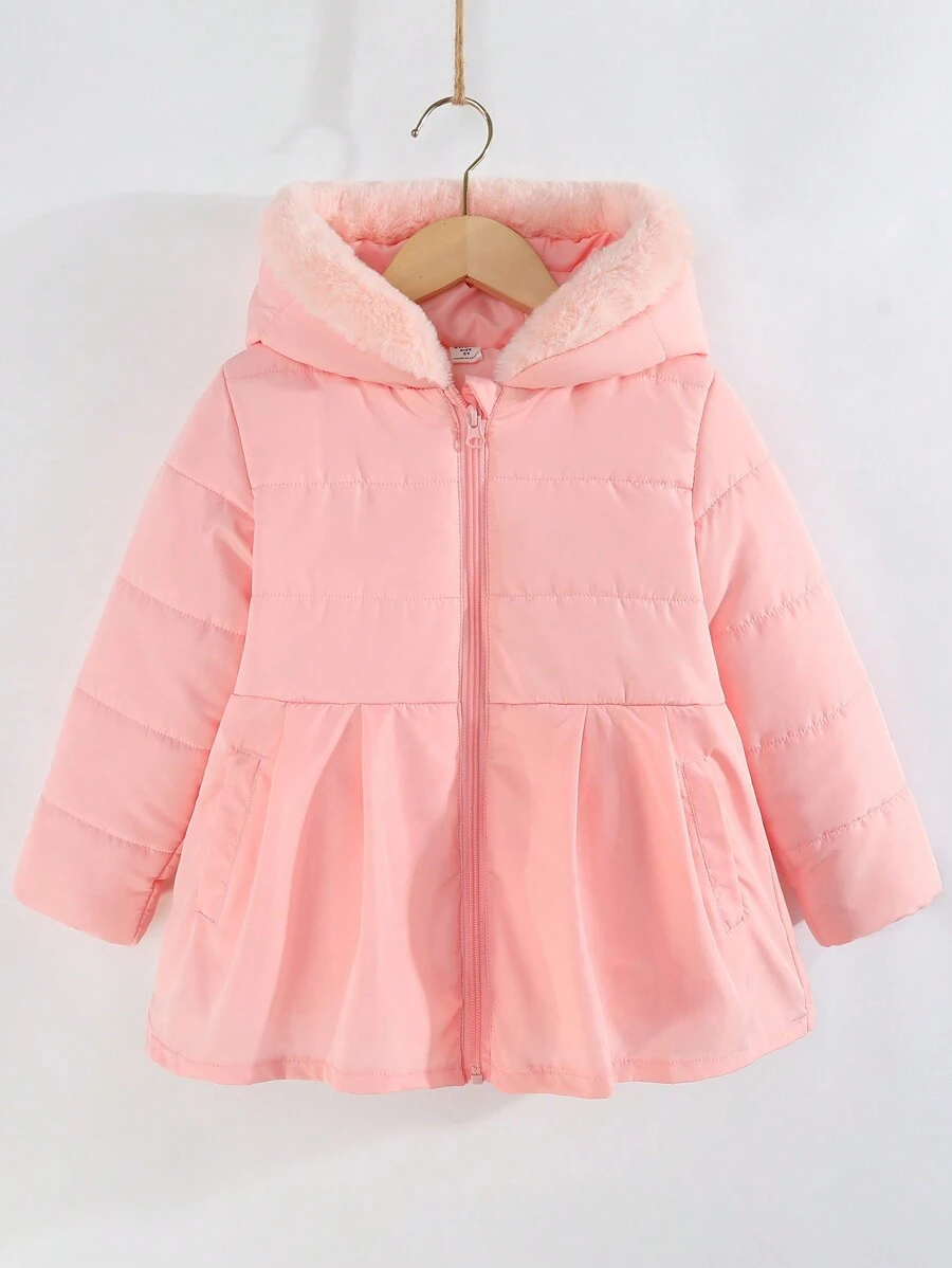 SHEIN 年轻女孩拉链连帽棉服外套 - 粉色 - 查看 1