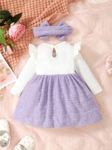 Baby Girl Ruffle Trim Bow Front 2 In 1 Dress & Headband - Multicolor - View 2