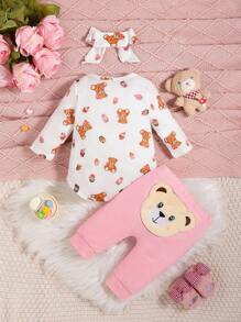 SHEIN 女嬰小熊印花連身背心和褲子＆ 頭巾 - 粉色 - 查看 1