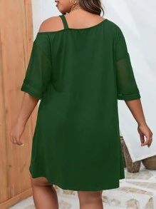 SHEIN Clasi Plus Chain Detail Asymmetrical Neck Drop Shoulder Dress - Dark Green - View 2