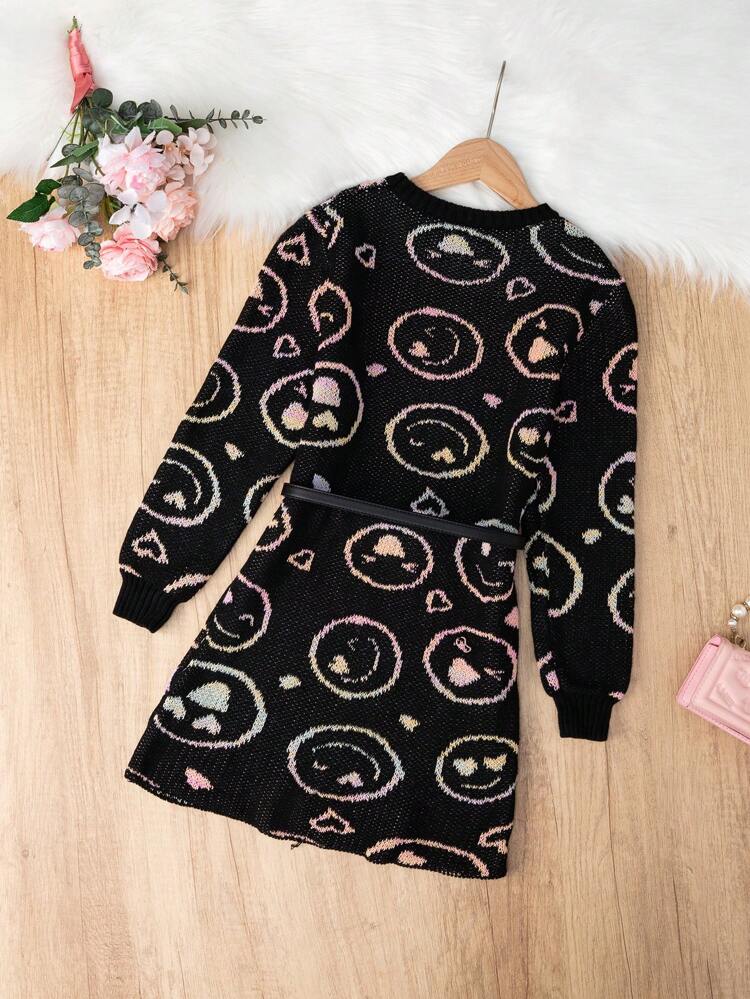 Tween Girl Cartoon Face Pattern Sweater Dress Without Belt