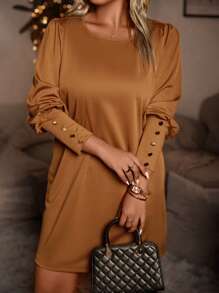 SHEIN LUNE 大碼素色紐扣細節洋裝 - 棕色 - 查看 4