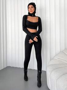 EURMUSE Cut Out Front Crop Tee & Leggings - Black - View 3