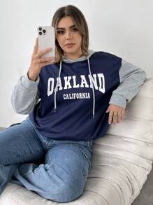 Flirla 加大码字母图案撞色落肩抽绳卫衣 - 黑色 - 查看 5