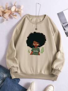 INAWLY 加卡通人物圖案保暖襯裡運動衫 - 卡其色 - 查看 1