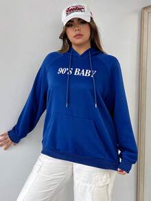 Flirla Plus Letter Graphic Raglan Sleeve Drawstring Hoodie
