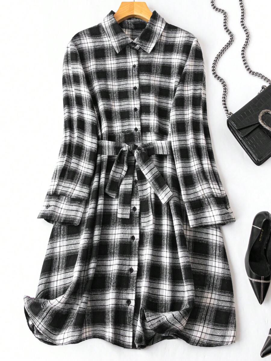 EMERY ROSE Plus Plaid Belted Shirt Dress - Multicolor - View 1