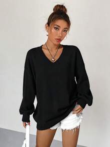Flirla Solid Drop Shoulder V Neck Sweater,Long Sleeve Tops Knit Pullover Fall Winter Sweater - Black - View 3