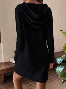 SHEIN LUNE 落肩抽繩連帽毛衣洋裝 - 黑色 - 查看 2