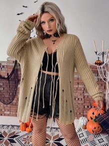 Calvaya Halloween Plus Tie Front Ribbed Knit Cardigan - Khaki - View 3