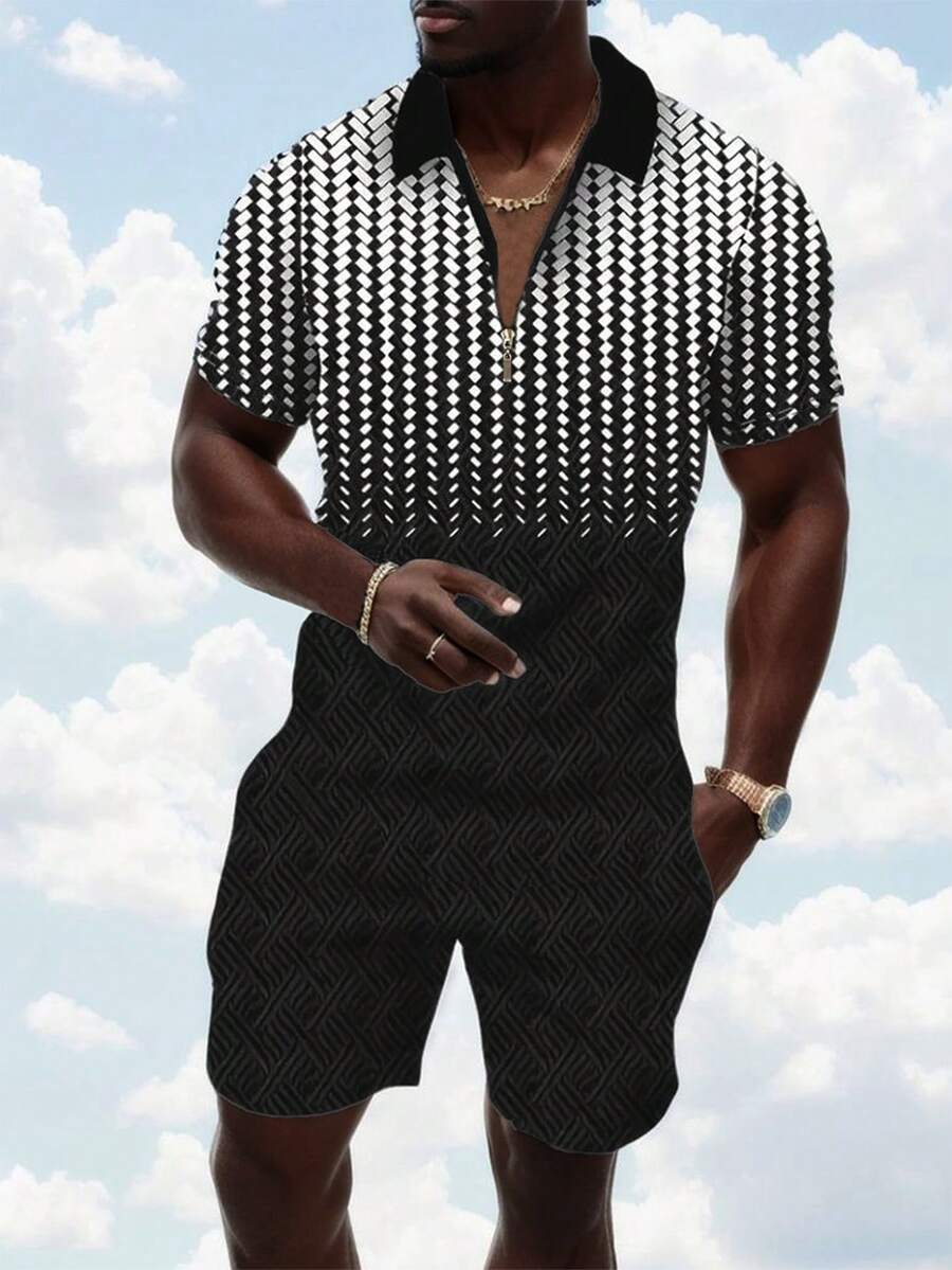 Manfinity Homme Men Plus Geo Print Polo Shirt & Shorts - Black - View 1