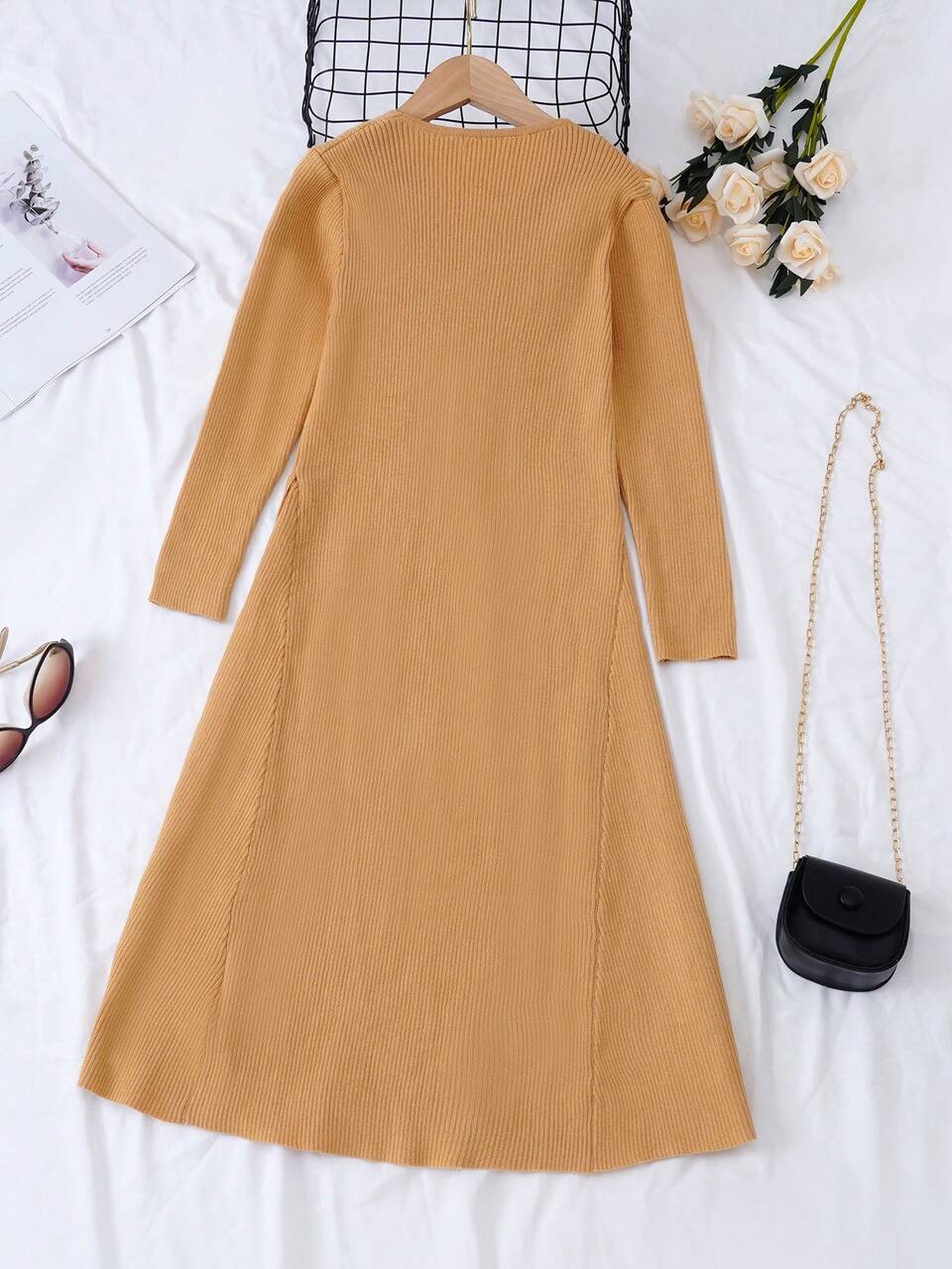Tween Girl Button Detail V Neck A-line Sweater Dress