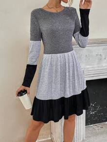 SHEIN LUNE 拼色荷葉邊下擺 A 字洋裝 - 深灰色 - 查看 5